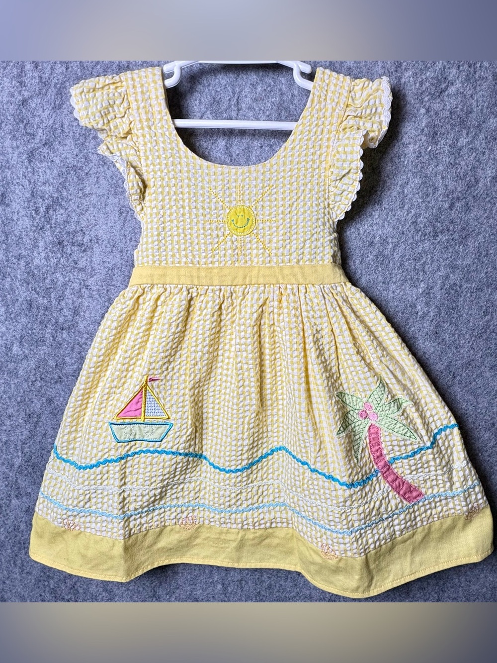 B.T. Kids 2T Sunny Yellow Seersucker Girls' Dress with Beach Embroidery VTG